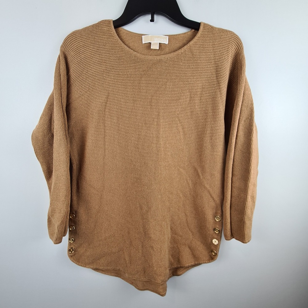 Michael Kors Womens Camel Brown Button Side Knit Pullover Sweater‎ Small Neutral